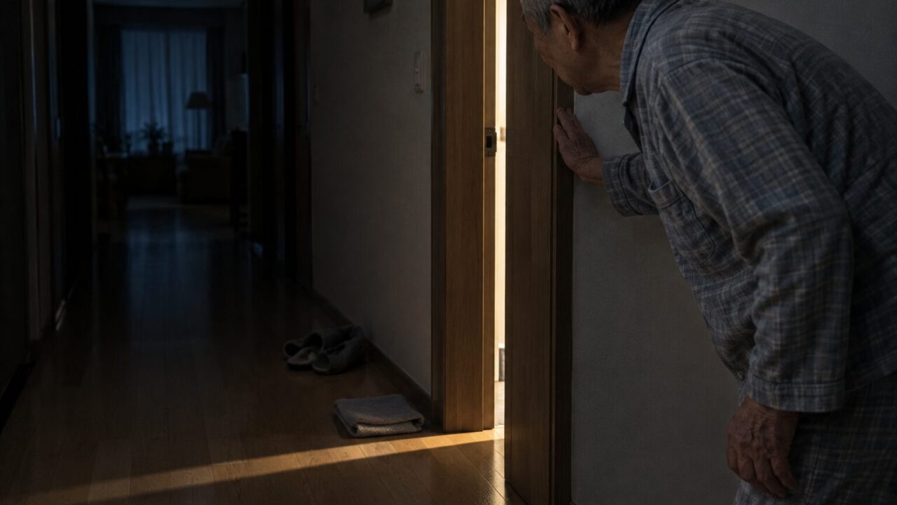 욕실 문가에서 문틀을 짚으려 손을 뻗는 70대 남편