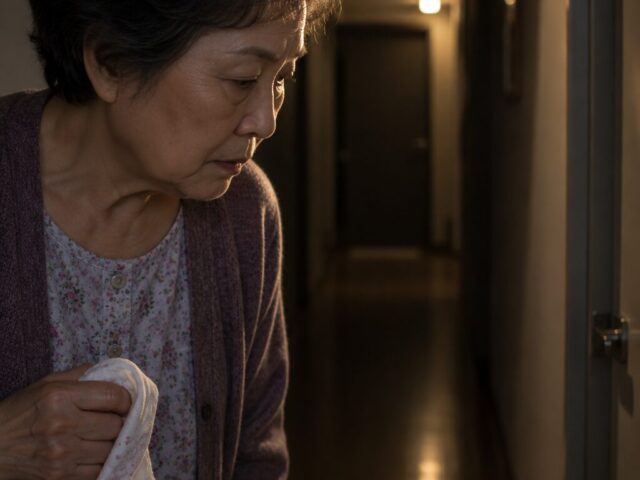 고개를 숙이고 바닥을 살피며 손수건을 쥔 70대 아내