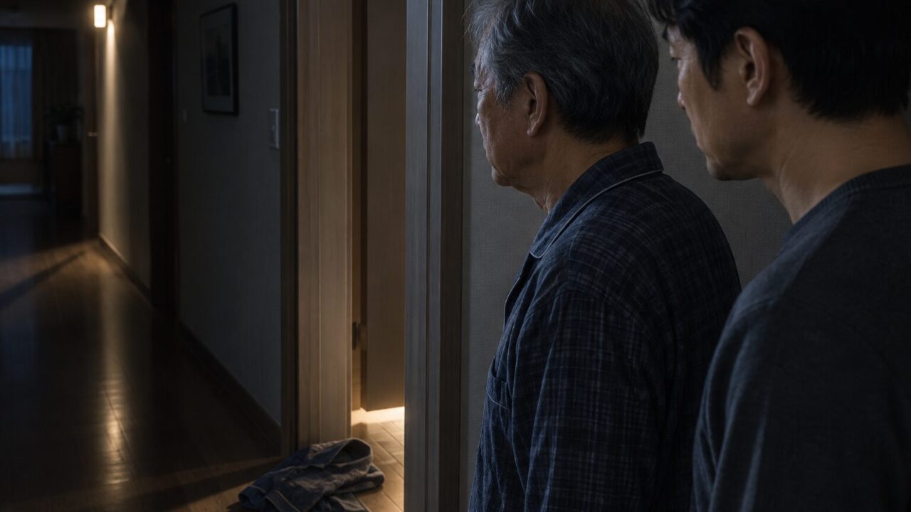 침실 문턱 옆에서 복도를 바라보는 아버지와 뒤따르는 아들