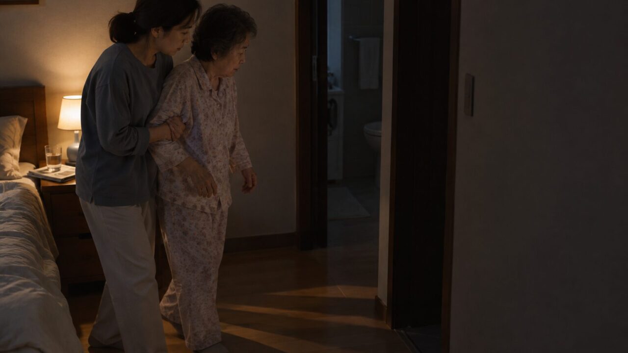 침실 문가에서 어머니의 팔꿈치를 받치고 걷는 손주