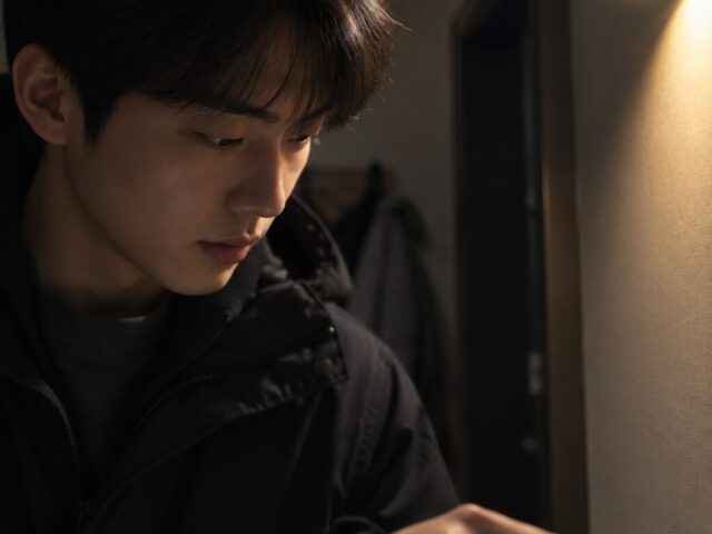 복도 벽면을 가리키며 아래를 보는 손주
