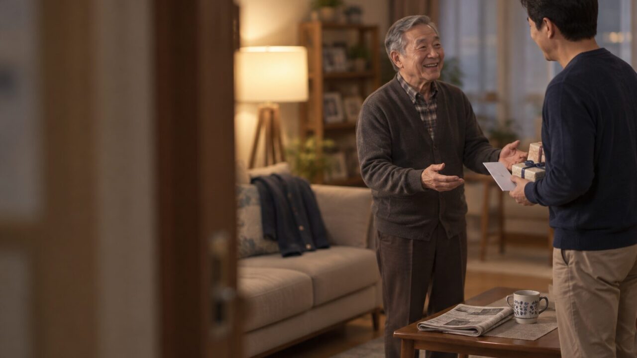 거실에서 포장한 상자를 건네는 아들과 반기는 아버지