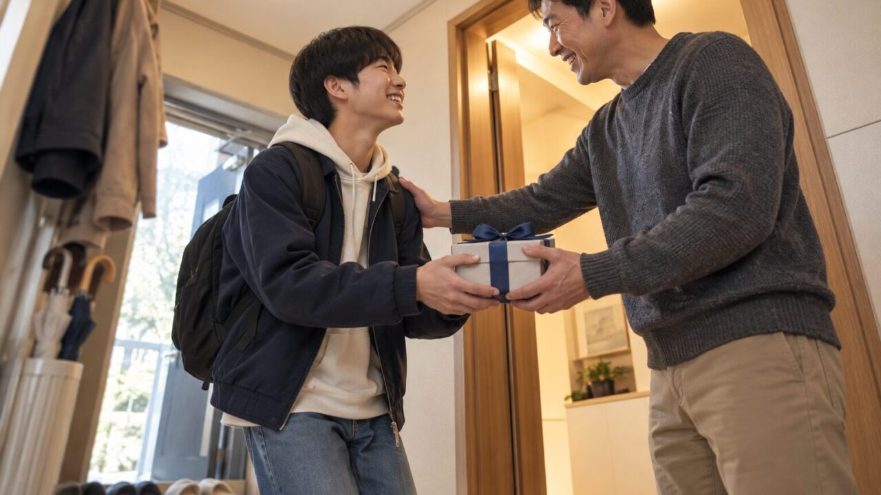 현관에서 선물을 두 손으로 건네는 아들과 받는 아버지