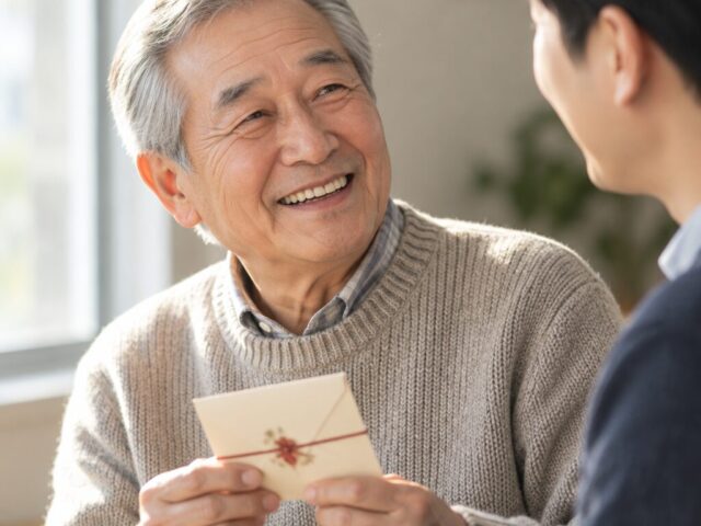 카드 봉투를 쥐고 아들을 바라보며 웃는 70대 아버지