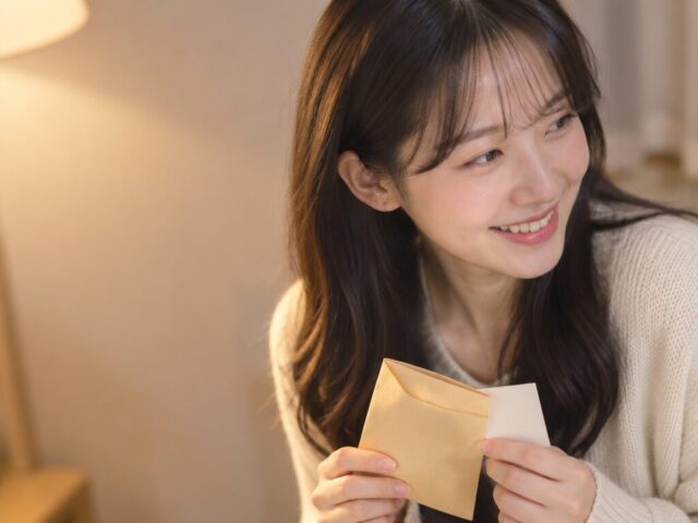 작은 봉투와 메모지를 들고 옆을 보며 웃는 딸