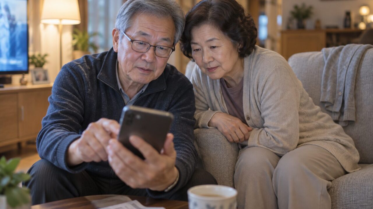 거실 소파 곁에서 휴대폰을 함께 들여다보는 70대 부부