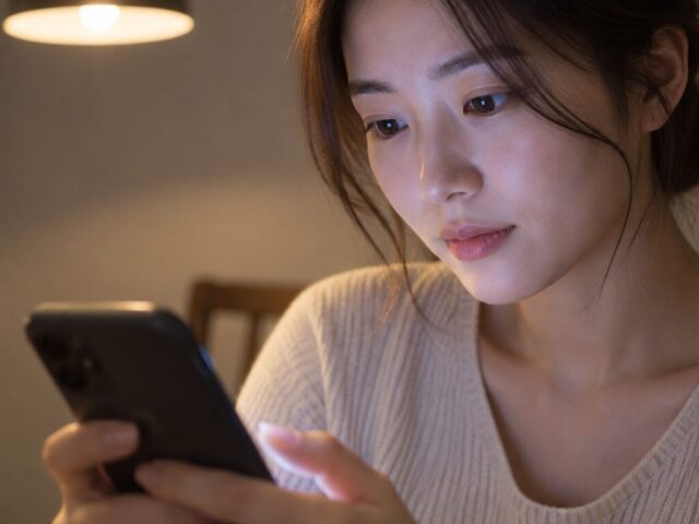 휴대폰을 내려다보며 살피는 아내
