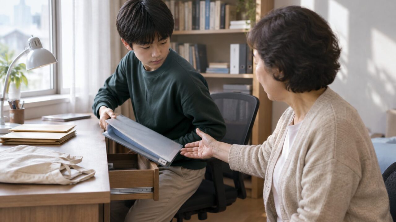 서랍에서 서류철을 꺼내 어머니께 건네는 손주