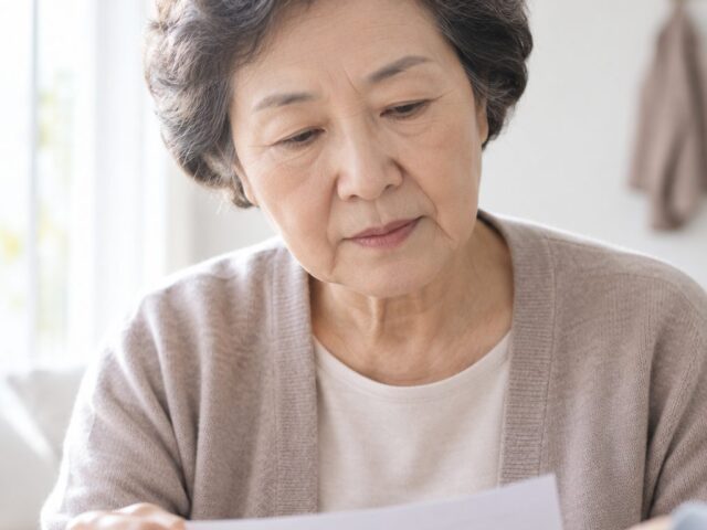 서류를 쥐고 앉은 70대 어머니와 곁의 손주