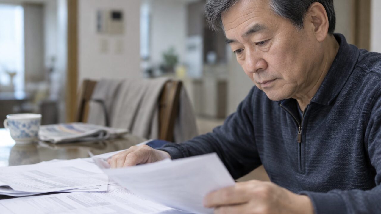 집 식탁에 서류를 펼쳐 두고 앉아 있는 60대 어르신