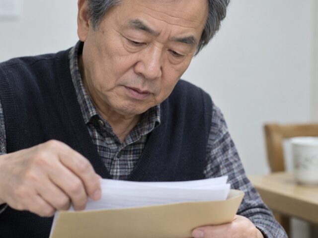 식탁 근처에서 서류 몇 장을 들고 정리하는 어르신