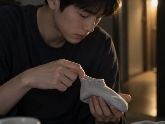 손바닥 위 양말 발목을 벌려 보는 아들