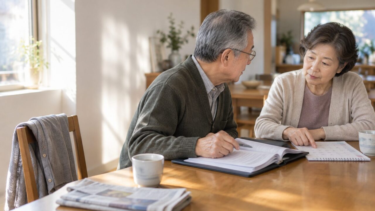 식탁에 마주 앉아 서류를 두고 의논하는 70대 부부