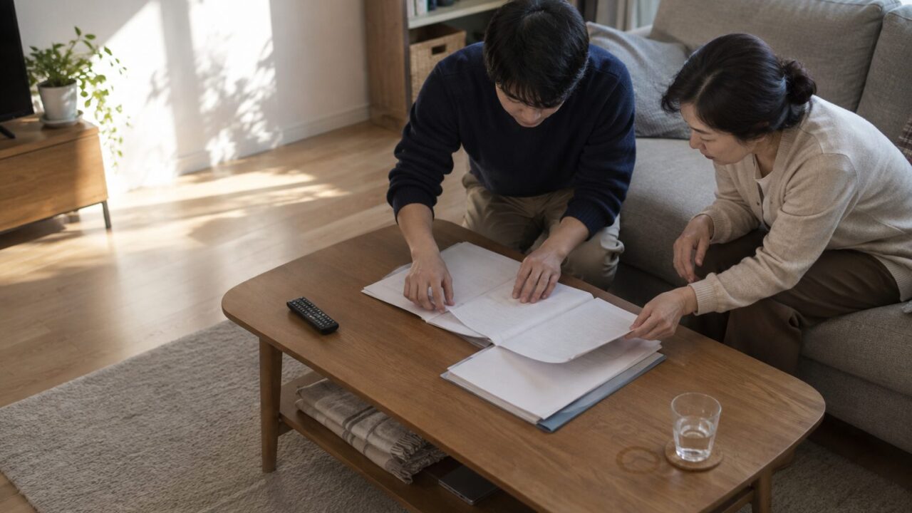 거실 탁자에 서류를 펼치는 손주와 어머니