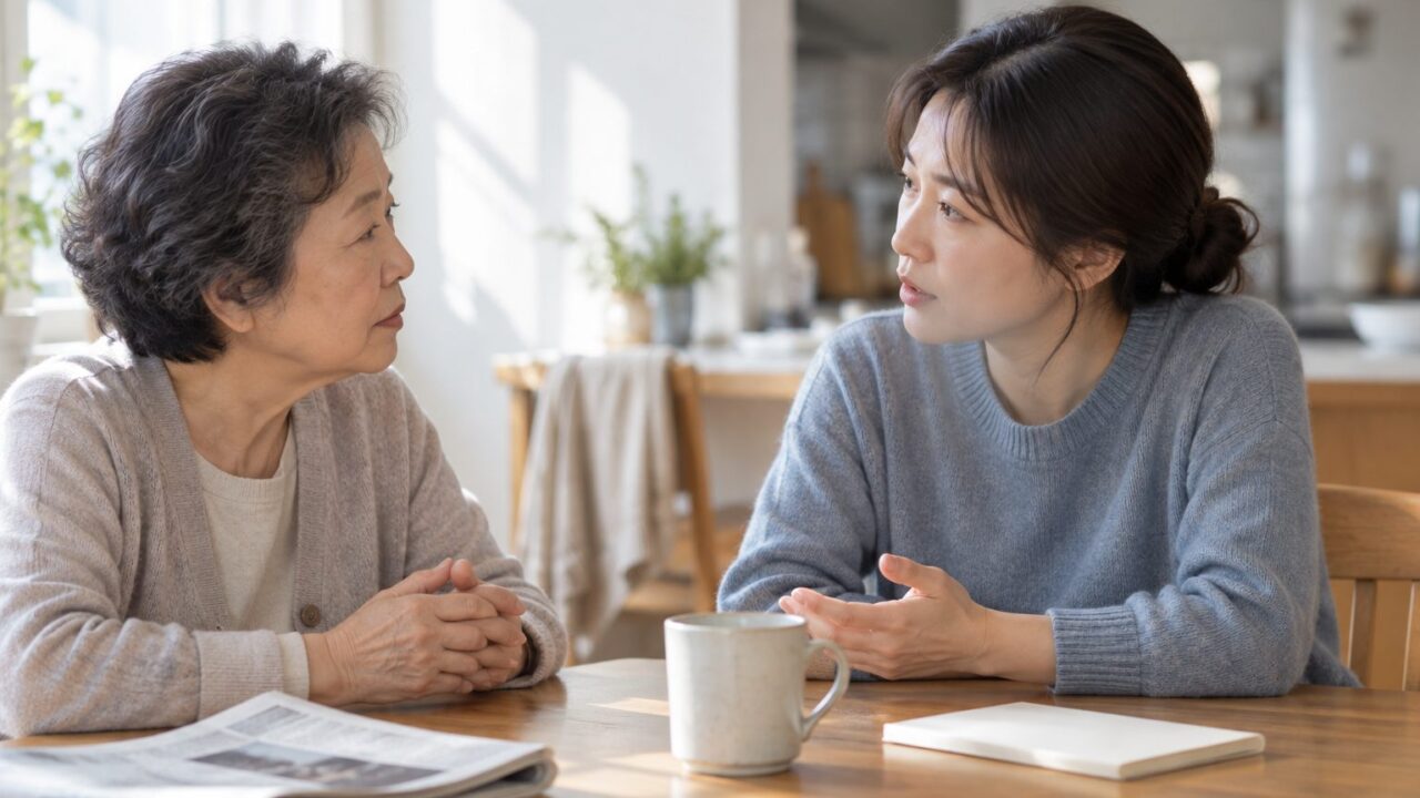 식탁에 마주 앉아 의논하는 어머니와 손주