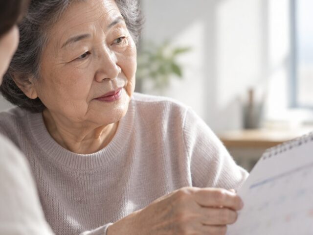 달력 페이지를 잡고 옆을 보는 80대 어머니