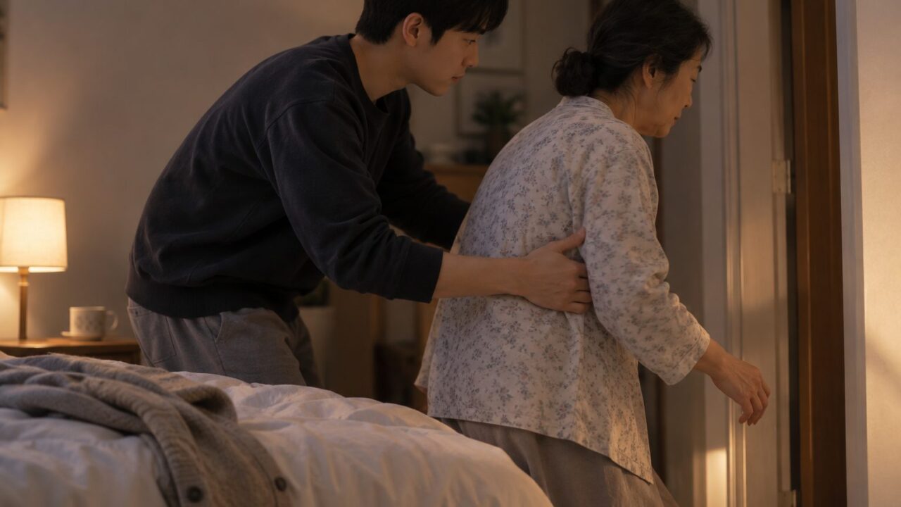 침실 문가에서 어머니를 부축해 방향을 바꿔 주는 손주