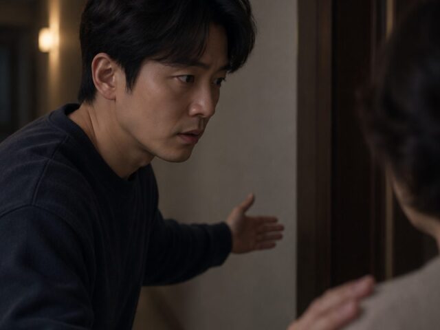 복도 문가에서 어머니를 안내하려 손을 내미는 30대 손주