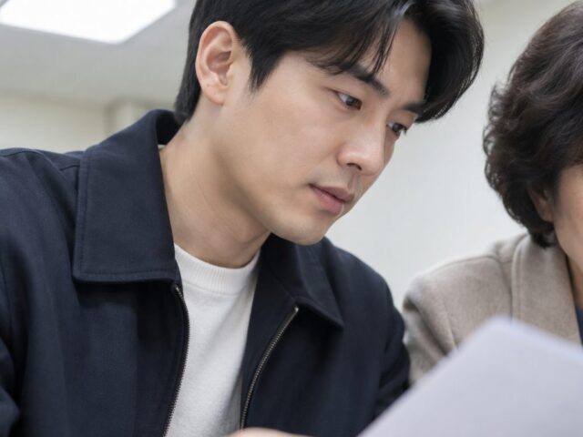 서류를 들고 집중해 옆을 보는 손주와 곁의 어머니