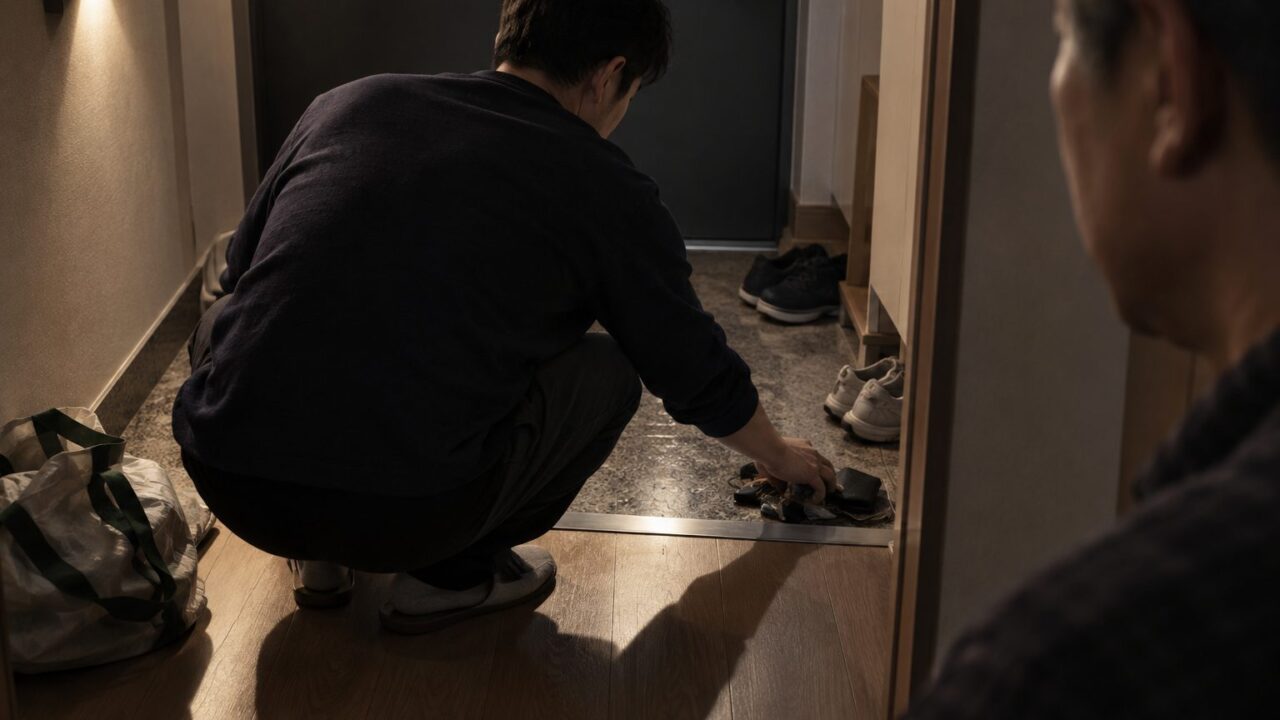 현관 문턱 근처 물건을 치우는 아들과 지켜보는 아버지