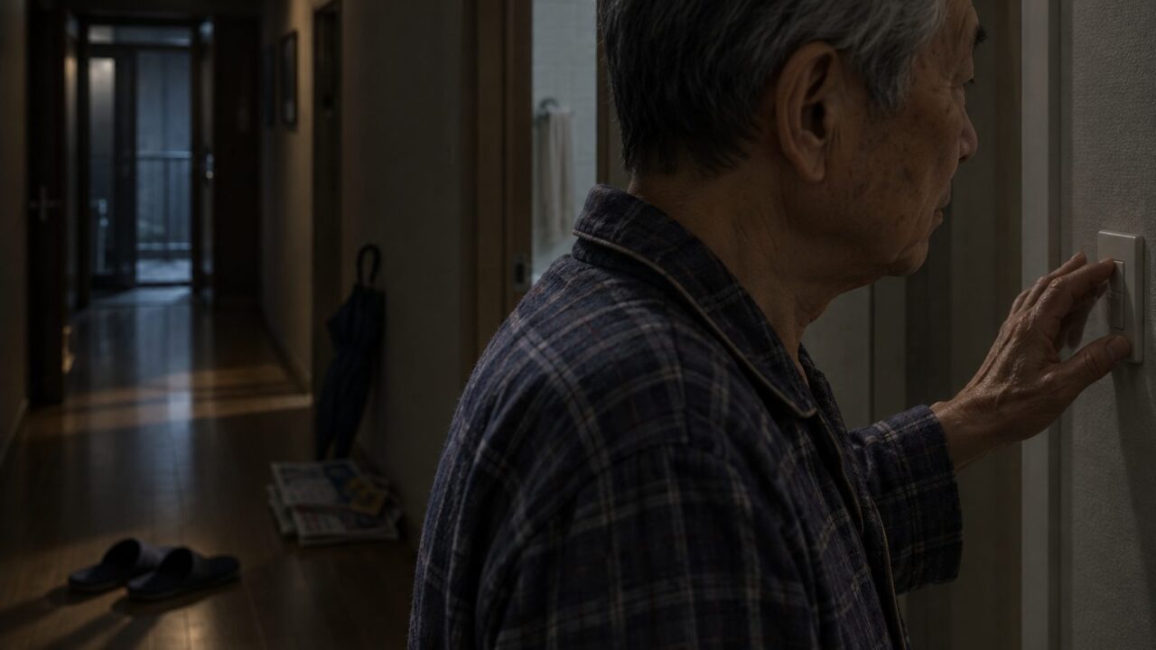 복도 벽을 더듬어 스위치를 찾는 70대 아버지