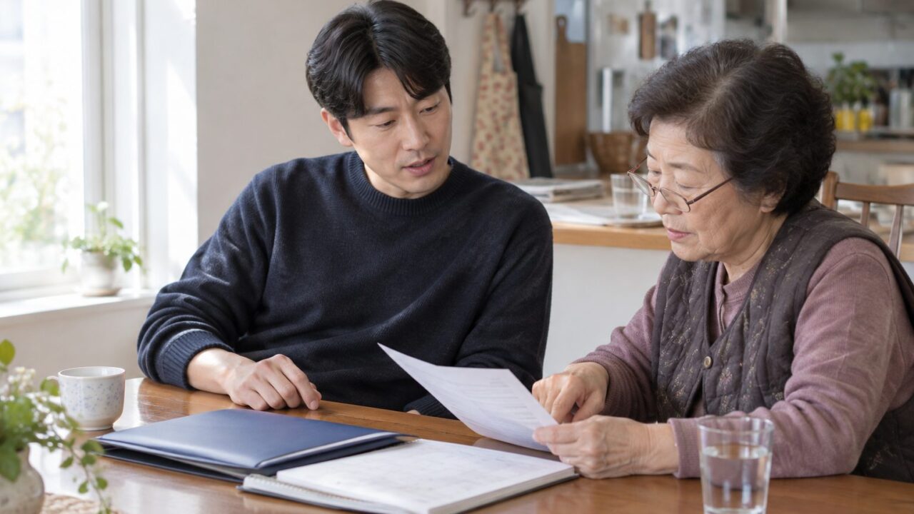 식탁에서 서류철과 달력을 두고 설명을 듣는 70대 어머니와 손주