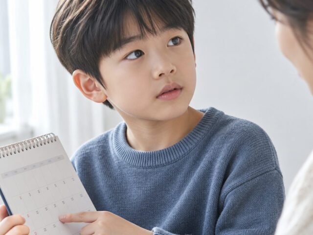 달력을 들고 날짜 칸을 가리키며 이야기를 듣는 손주