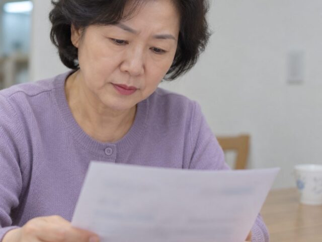 식탁 옆에서 서류를 내려다보는 어머니와 종이를 받치는 손주 손