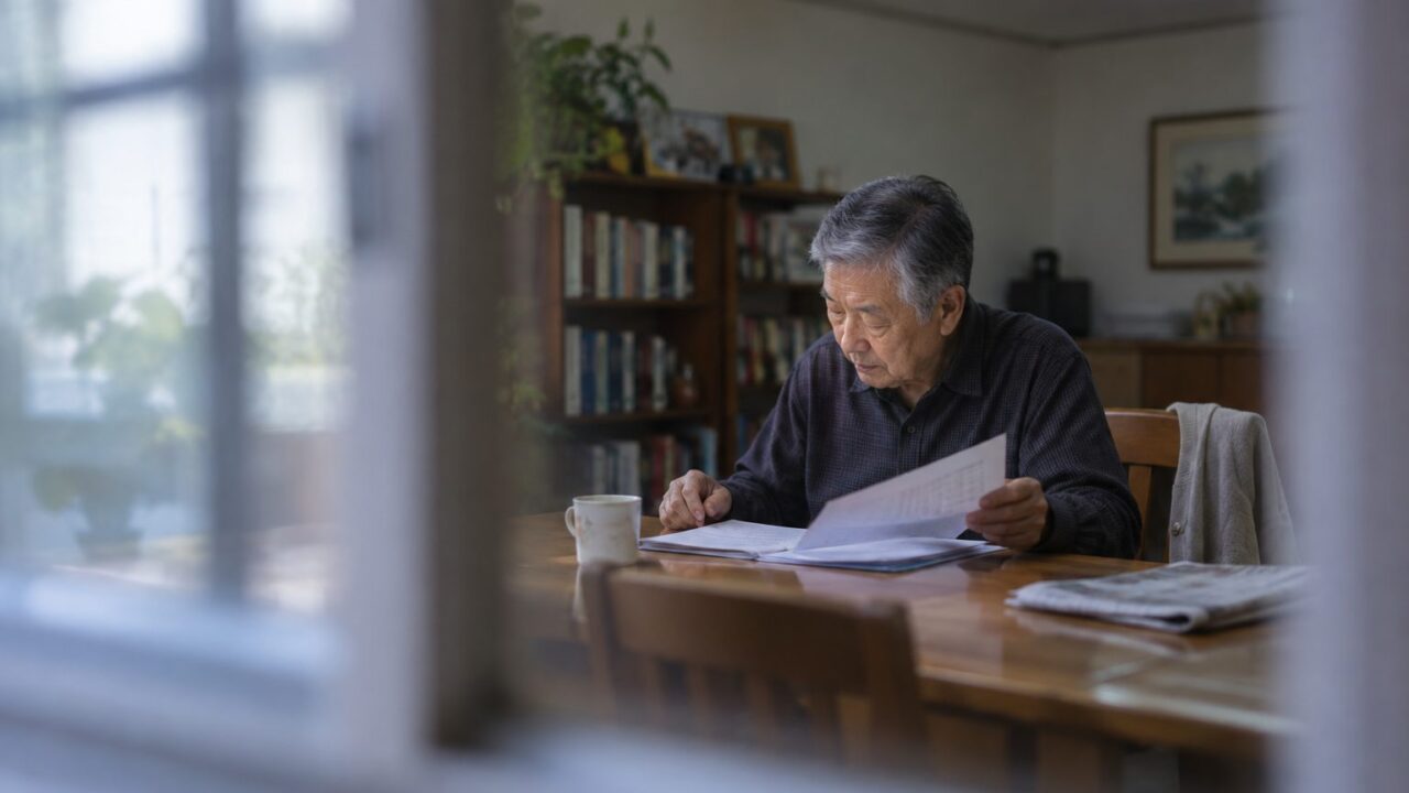식탁에서 서류를 넘겨 보는 70대 어르신