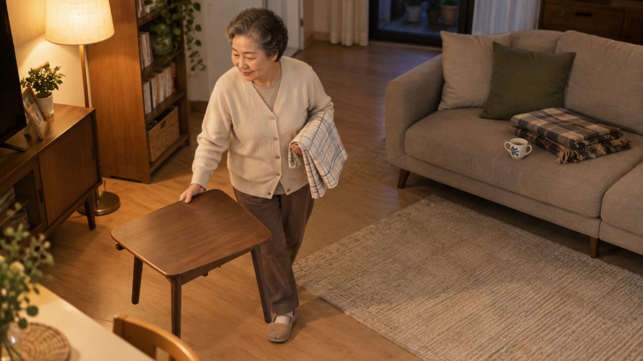 거실에서 작은 테이블을 옮기는 70대 어르신