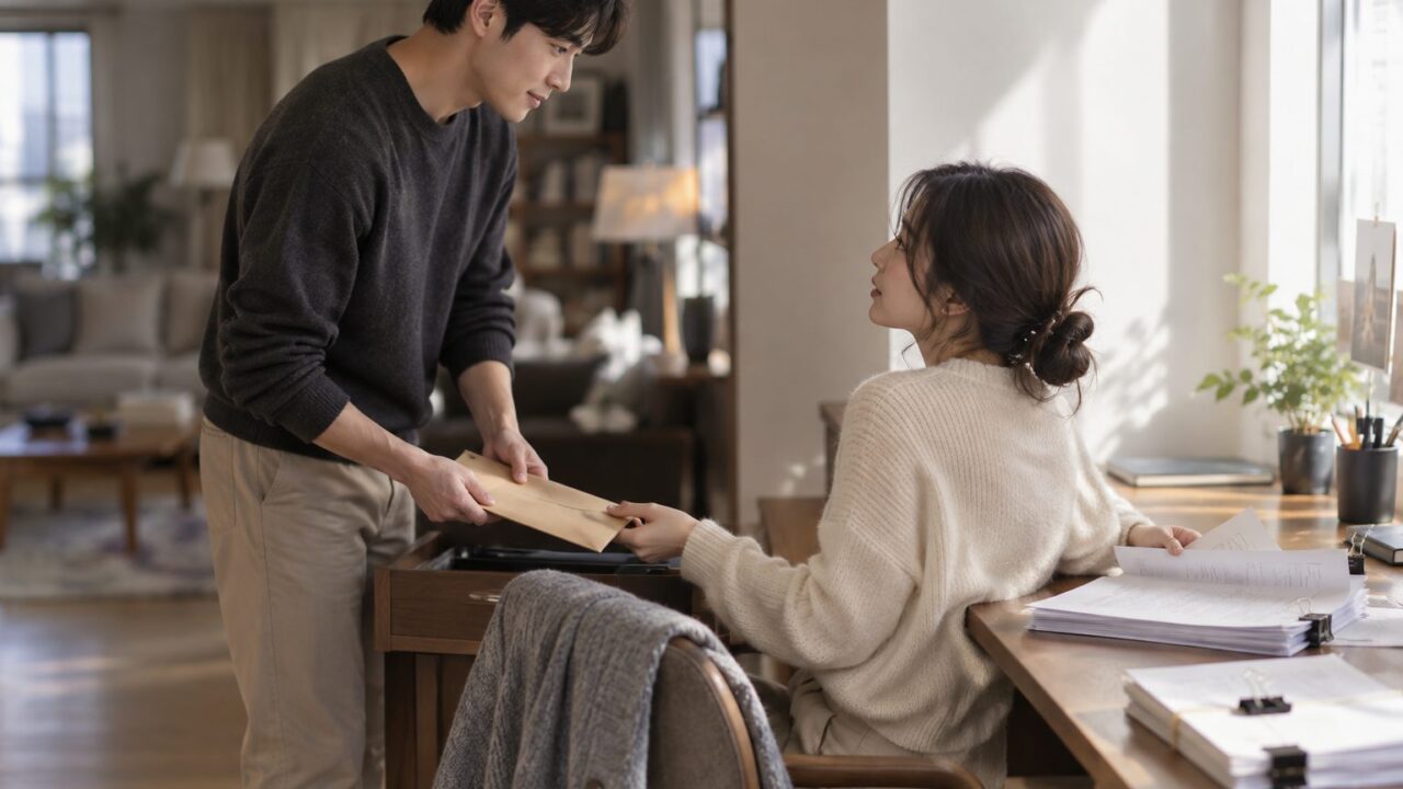 책상 옆에서 서류 봉투를 꺼내는 남편과 받아 펼치는 아내