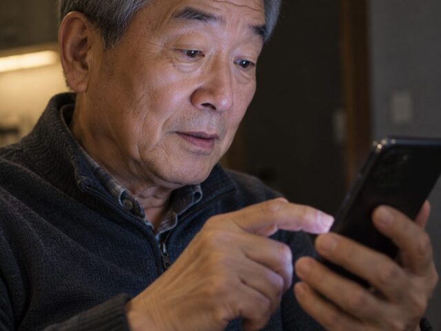 휴대폰 버튼을 누르려는 70대 아버지의 손