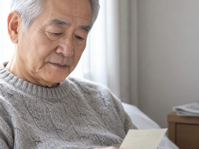 작은 메모지를 읽는 70대 아버지